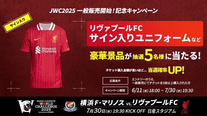 JWC2025一般販売開始！記念キャンペーン リヴァプールFCサイン入りユニフォームなど豪華景品が抽選5名様に当たる！チケット購入金額が高いほど当選確率UP！応募条件：エントリーの上一般販売にてチケットを2枚以上購入された方 キャンペーン期間：6/11(水)18:00〜7/30(水)19:30