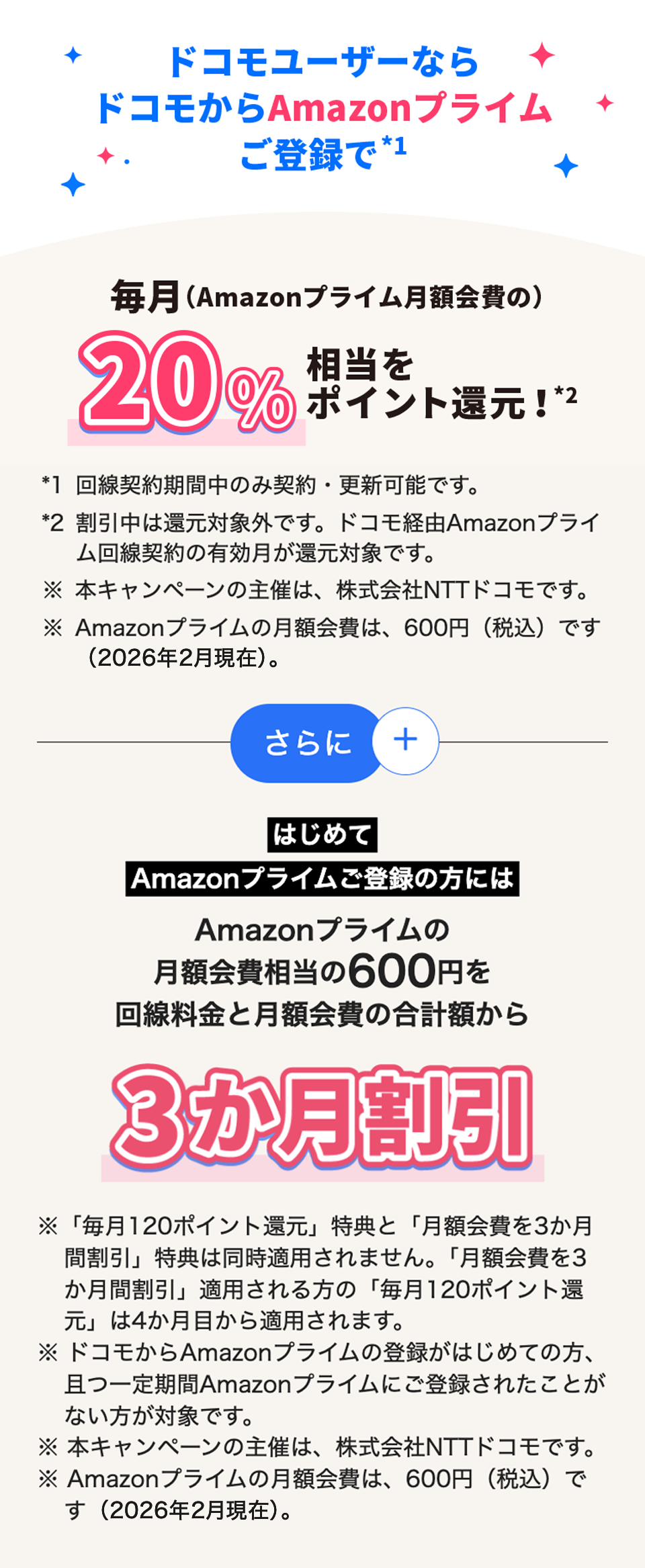 ドコモユーザーならドコモからAmazonプライムご登録で毎月(Amazonプライム月額会費の)20%相当をポイント還元！さらにはじめてAmazonプライムご登録の方にはAmazonプライムの月額会費相当の600円を回線料金と月額会費の合計額から3か月割引