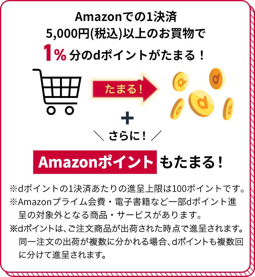 Amazonでの1決済5,000円（税込）以上のお買物で1％分のdポイントがたまる！ たまる！ ＋ さらに！Amazonポイントもたまる！ ※dポイントの1決済あたりの進呈上限は100ポイントです。 ※Amazonプライム会費・電子書籍など一部dポイント進呈の対象外となる商品・サービスがあります。 ※dポイントは、ご注文商品が出荷された時点で進呈されます。同一注文の出荷が複数に分かれる場合、dポイントも複数回に分けて進呈されます。