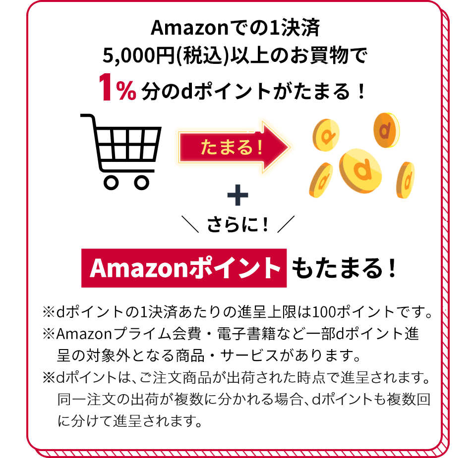 Amazonでの1決済5,000円（税込）以上のお買物で1％分のdポイントがたまる！ たまる！ ＋ さらに！Amazonポイントもたまる！ ※dポイントの1決済あたりの進呈上限は100ポイントです。 ※Amazonプライム会費・電子書籍など一部dポイント進呈の対象外となる商品・サービスがあります。 ※dポイントは、ご注文商品が出荷された時点で進呈されます。同一注文の出荷が複数に分かれる場合、dポイントも複数回に分けて進呈されます。