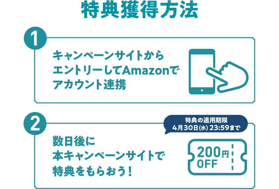 特典獲得方法 ①キャンペーンサイトからエントリーしてAmazonでアカウント連携 ②数日後に本キャンペーンサイトで特典をもらおう！ 特典の適用期限 4月30日（水）23：59まで