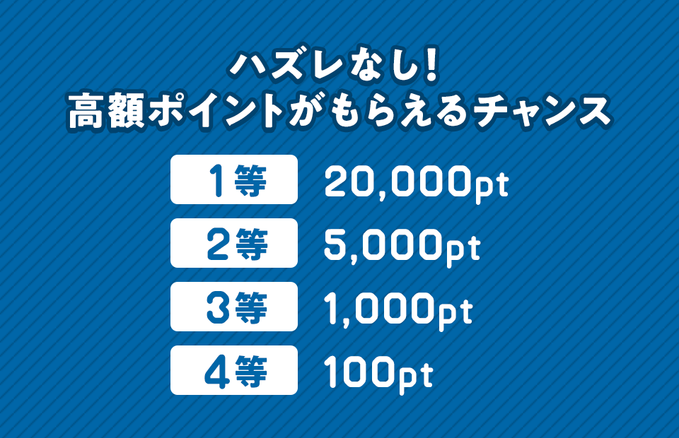 ハズレなし! 高額ポイントがもらえるチャンス 1等 20,000pt 2等 5,000pt 3等 1,000pt 4等 100pt