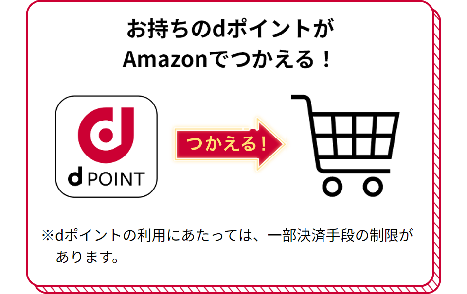 お持ちのdポイントがAmazonでつかえる! つかえる! ※dポイントの利用にあたっては、一部決済手段の制限があります。