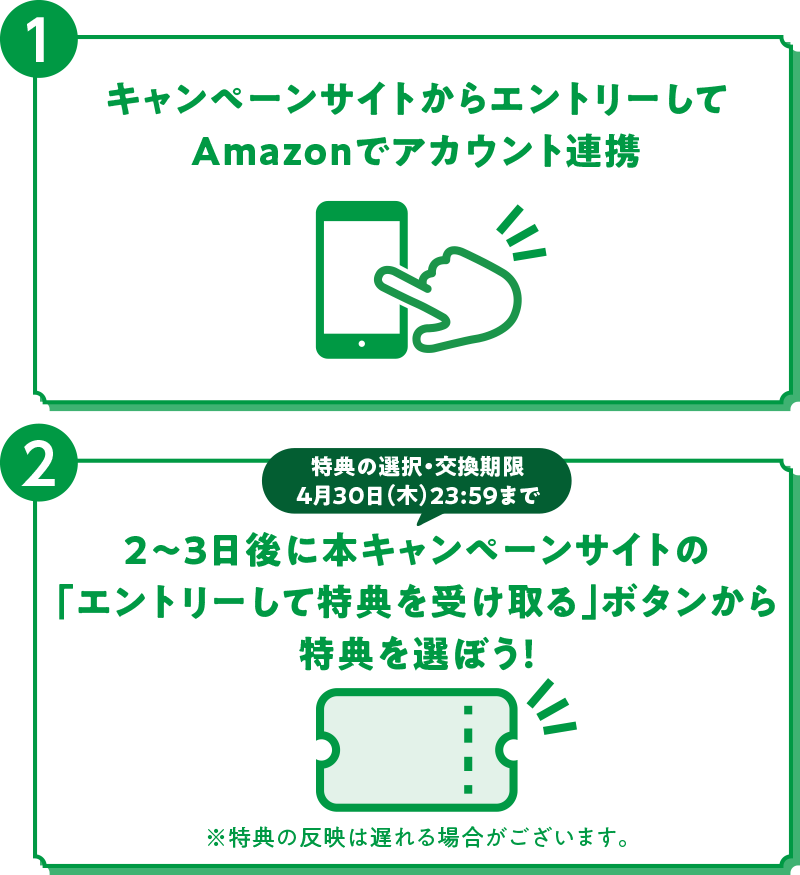 キャンペーンサイトからエントリーしてAmazonからアカウント連携 数日後に本キャンペーンサイトの「エントリーして特典を受け取る」ボタンから特典を選ぼう！ ※特典の反映は遅れる場合がございます。