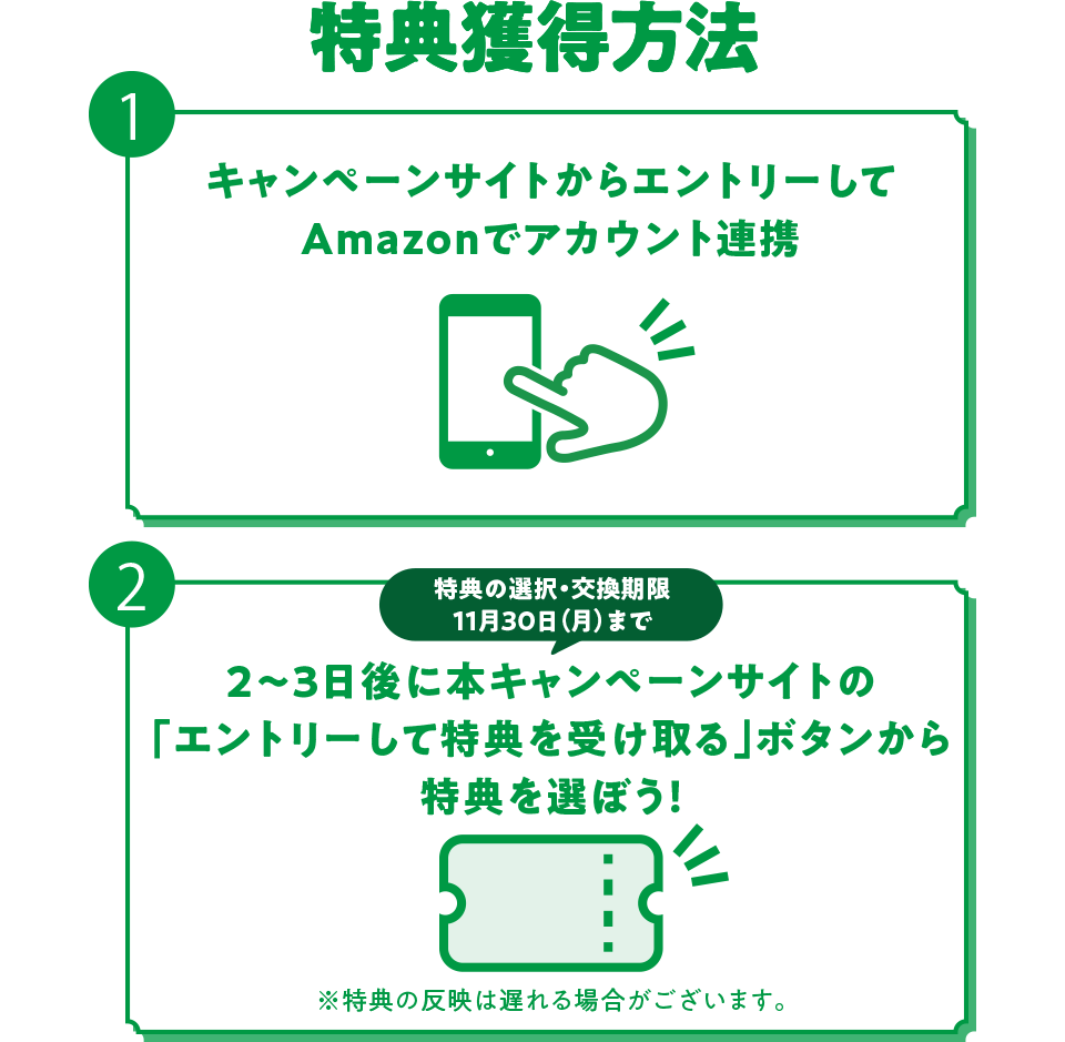 特典獲得方法 1 キャンペーンサイトからエントリーしてAmazonでアカウント連携 2 特典の選択・交換期限 11月30日（月）まで 2～3日後に本キャンペーンサイトの「エントリーして特典を受け取る」ボタンから特典を選ぼう！ ※特典の反映は遅れる場合がございます。