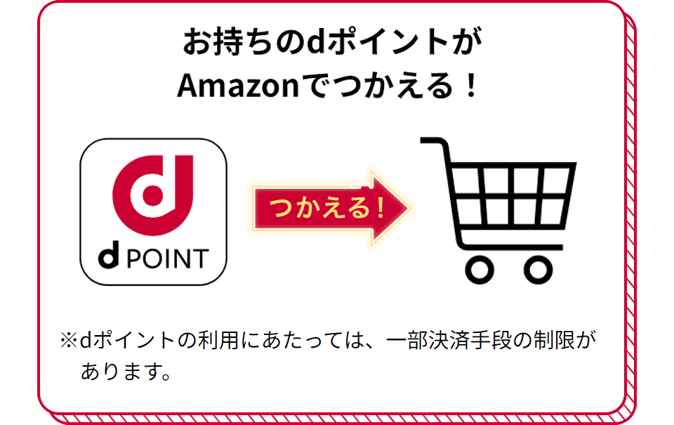 お持ちのdポイントがAmazonでつかえる！ つかえる！ ※dポイントの利用にあたっては、一部決済手段の制限があります。