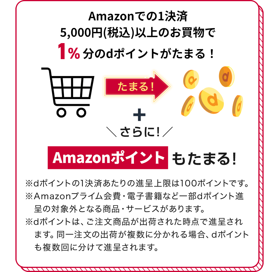 Amazonでの1決済5,000円（税込）以上のお買物で1％分のdポイントがたまる！ たまる！ ＋ さらに！Amazonポイントもたまる！ ※dポイントの1決済あたりの進呈上限は100ポイントです。 ※Amazonプライム会費・電子書籍など一部dポイント進呈の対象外となる商品・サービスがあります。 ※dポイントは、ご注文商品が出荷された時点で進呈されます。同一注文の出荷が複数に分かれる場合、dポイントも複数回に分けて進呈されます。