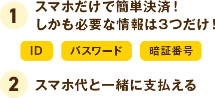 1．スマホだけで簡単決済！しかも必要な情報は3つだけ！ID、パスワード、暗証番号 
                                                                        2．スマホ代と一緒に支払える