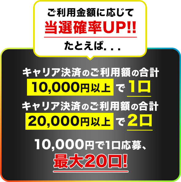 ご利用金額に応じて当選確率UP!!たとえば...キャリア決済のご利用額の合計10,000円以上で1口 キャリア決済のご利用額の合計20,000円以上で2口 10,000円で1口応募、最大20口!