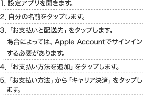 1．設定アプリを開きます。2．自分の名前をタップします。3．「お支払いと配送先」をタップします。場合によっては、Apple Accountでサインインする必要があります。  4．「お支払い方法を追加」をタップします。5．「お支払い方法」から「キャリア決済」をタップします。