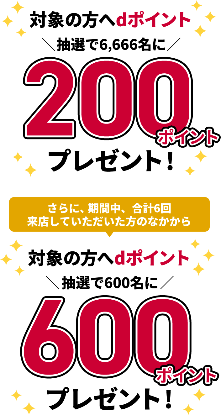 対象の方へdポイント 抽選で6,666名に200ポイントプレゼント! さらに、期間中、合計6回来店していただいた方のなかから 対象の方へdポイント 抽選で600名に600ポイントプレゼント!
