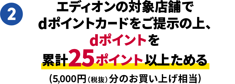 2.エディオンの対象店舗でdポイントカードをご提示の上、dポイントを累計25ポイント以上ためる(5,000円(税抜)分のお買い上げ相当)