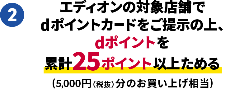2.エディオンの対象店舗でdポイントカードをご提示の上、dポイントを累計25ポイント以上ためる(5,000円(税抜)分のお買い上げ相当)