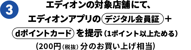 3．エディオンの対象店舗にて、エディオンアプリのデジタル会員証＋dポイントカードを提示（1ポイント以上ためる）（200円（税抜）分のお買い上げ相当）