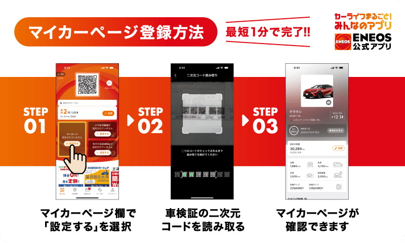 マイカーページ登録方法 最短1分で完了！！ カーライフまるごと！みんなのアプリＥＮＥＯＳ公式アプリ STEP01 マイカーページ欄で 「設定する」を選択 STEP02 車検証の二次元コードを読み取る STEP03 マイカーページが確認できます