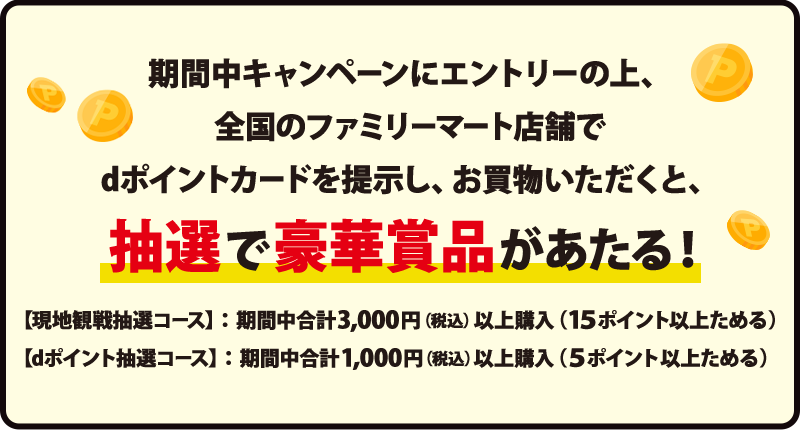 期間中キャンペーンにエントリーの上、全国のファミリーマート店舗でdポイントカードを提示し、お買物いただくと、抽選で豪華賞品があたる! 【現地観戦抽選コース】:期間中合計3,000円(税込)以上購入(15ポイント以上ためる) 【dポイント抽選コース】:期間中合計1,000円(税込)以上購入(5ポイント以上ためる)