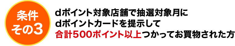 条件その3 dポイント対象店舗で抽選対象月にdポイントカードを提示して合計500ポイント以上つかってお買物された方