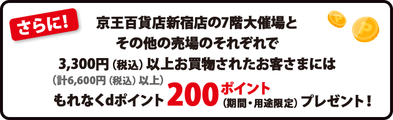 さらに! 京王百貨店新宿店の7階大催場とその他の売場のそれぞれで3,300円(税込)以上(計6,600円(税込)以上)お買物されたお客さまにはもれなくdポイント200ポイント(期間・用途限定)プレゼント!