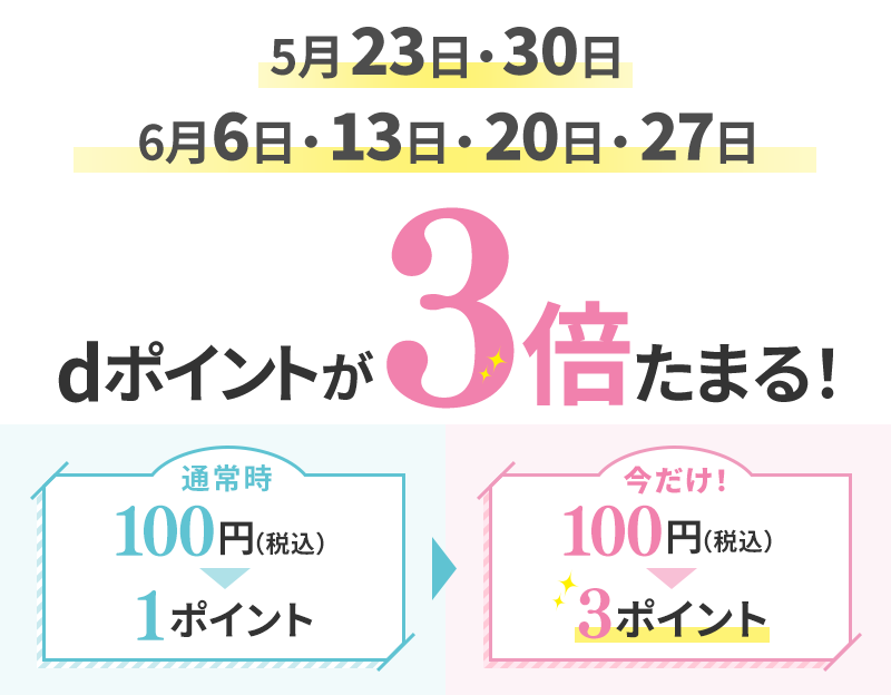 5月23日・30日 6月6日・13日・20日・27日 dポイントが3倍たまる! 通常時100円(税込) 1ポイント 今だけ! 100円(税込) 3ポイント