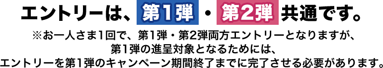 エントリーは、第1弾・第2弾共通です。 ※お一人さま1回で、第1弾・第2弾両方エントリーとなりますが、第1弾の進呈対象となるためには、エントリーを第1弾のキャンペーン期間終了までに完了させる必要があります。