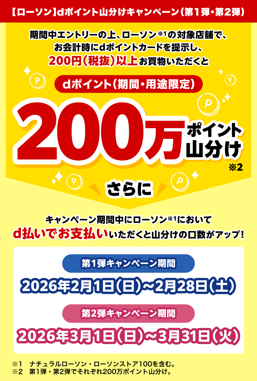 【ローソン】dポイント山分けキャンペーン(第1弾・第2弾) 期間中エントリーの上、ローソンの対象店舗で、お会計時にdポイントカードを提示し、200円(税抜)以上お買物いただくとdポイント(期間・用途限定)200万ポイント山分け さらにキャンペーン期間中にローソンにおいてd払いでお支払いいただくと山分けの口数がアップ！ 第1弾キャンペーン期間:2026年2月1日(日)〜2026年2月28日(土) 第2弾キャンペーン期間:2026年3月1日(日)〜2026年3月31日(火)