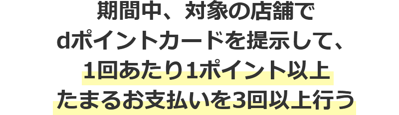 期間中、対象の店舗でdポイントカードを提示して、1回あたり1ポイント以上たまるお支払いを3回以上行う