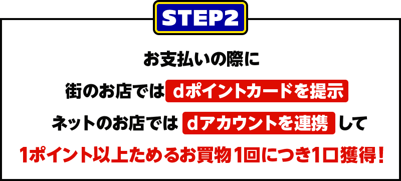 STEP2 お支払いの際に街のお店ではdポイントカードを提示 ネットのお店ではdアカウントを連携して1ポイント以上ためるお買物1回につき1口獲得！