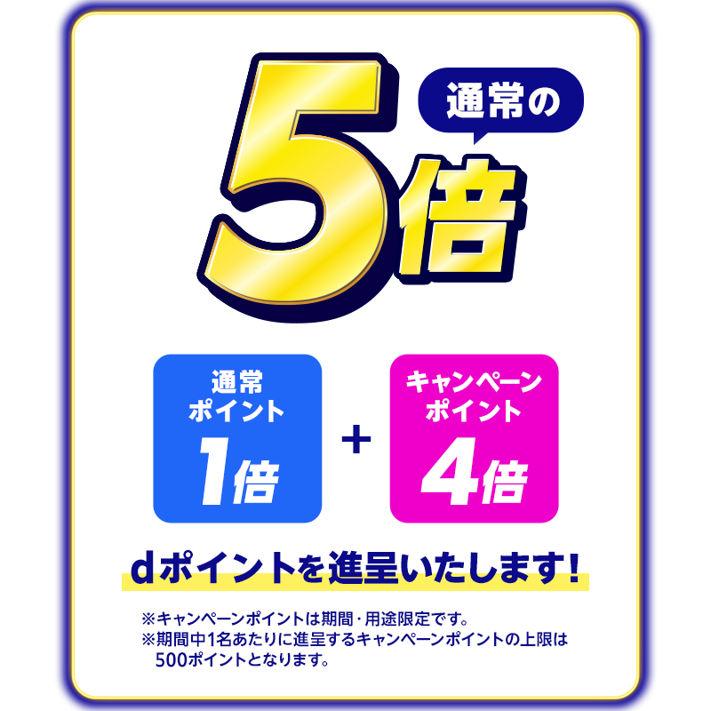 通常の5倍（通常ポイント1倍＋キャンペーンポイント4倍）dポイントを進呈いたします！ ※キャンペーンポイントは期間・用途限定です。※期間中1名あたりに進呈するキャンペーンポイントの上限は500ポイントとなります。