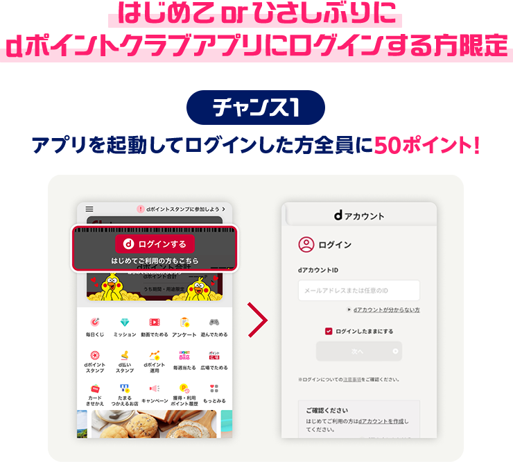 はじめてorひさしぶりにdポイントクラブアプリにログインする方限定 チャンス1：アプリを起動してログインした方全員に50ポイント！