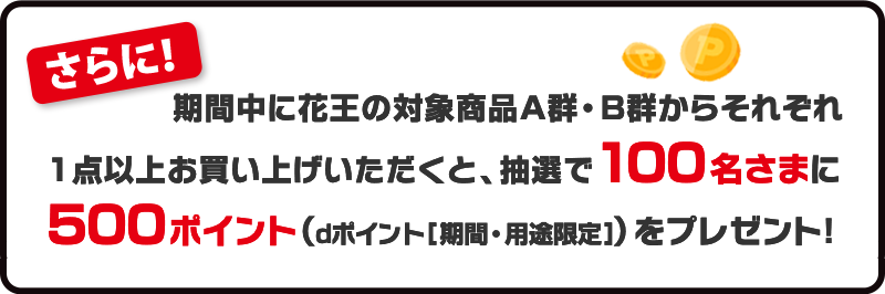 さらに！期間中に花王の対象商品A群・B群からそれぞれ1点以上お買い上げいただくと、抽選で100名さまに500ポイント（dポイント[期間・用途限定])をプレゼント！]