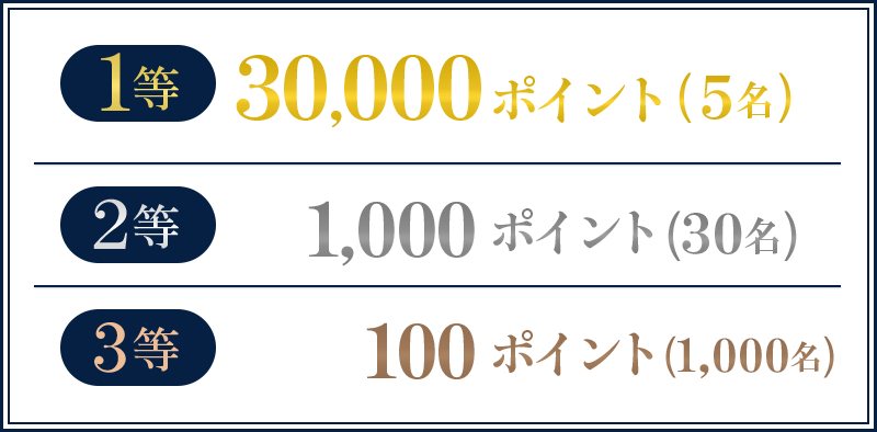 1等 30,000ポイント（5名） 2等1,000ポイント（30名） 3等100ポイント（1,000名）