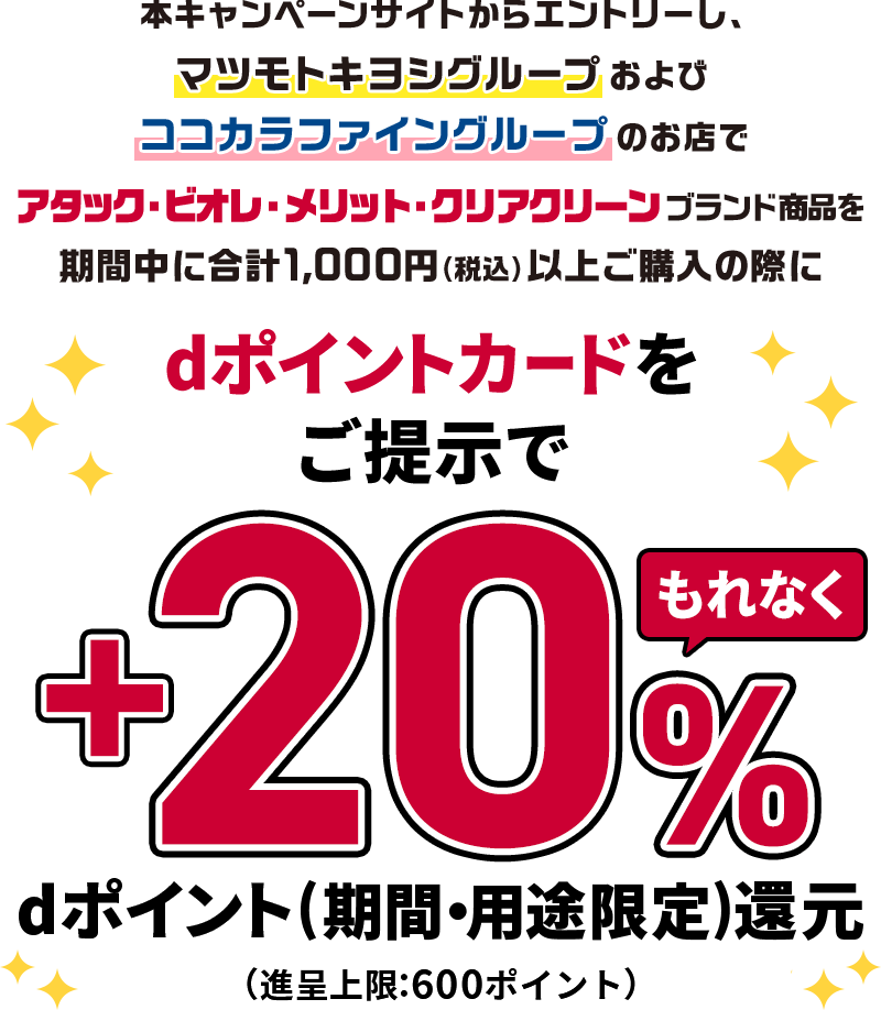 本キャンペーンサイトからエントリーし、マツモトキヨシグループおよびココカラファイングループのお店でアタック・ビオレ・メリット・クリアクリーンブランド商品を期間中に合計1,000円（税込）以上ご購入の際にdポイントカードをご提示でもれなく＋20％dポイント（期間・用途限定）還元 （進呈上限：600ポイント）