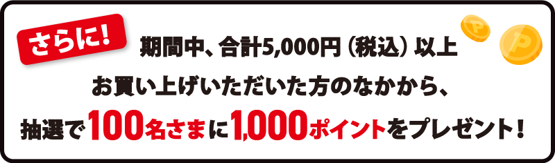 さらに！期間中、合計5,000円（税込）以上お買い上げいただいた方のなかから、抽選で100名さまに1,000ポイントをプレゼント！