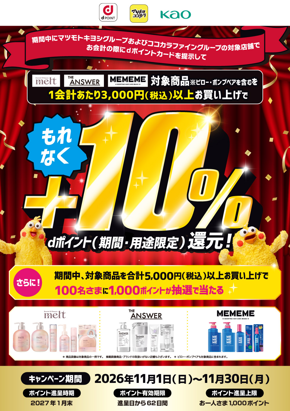 dポイント マツキヨココカラ 花王 期間中にマツモトキヨシグループおよびココカラファイングループの対象店舗でお会計の際にdポイントカードを提示して Rested ＊ Beauty melt THE ANSWER MEMEME BOOSTING HAIR CARE BRAND 対象商品※ピロー・ポンプペアを含むを1会計あたり3,000円（税込）以上お買い上げで もれなく＋10％dポイント（期間・用途限定）還元！ さらに！期間中、対象商品を合計5,000円（税込）以上お買い上げで100名さまに1,000ポイントが抽選で当たる Rested ＊ Beauty melt THE ANSWER MEMEME BOOSTING HAIR CARE BRAND ＊商品画像は対象商品の一例です。掲載画像商品・ブランドの取扱いがない店舗もございます。＊ピロー・ポンプペアも対象商品に含まれます。 キャンペーン期間 2026年11月1日（日）～11月30日（月） ポイント進呈時期 2027年1月末 ポイント有効期限 進呈日から62日間 ポイント進呈上限 お一人さま1,000ポイント