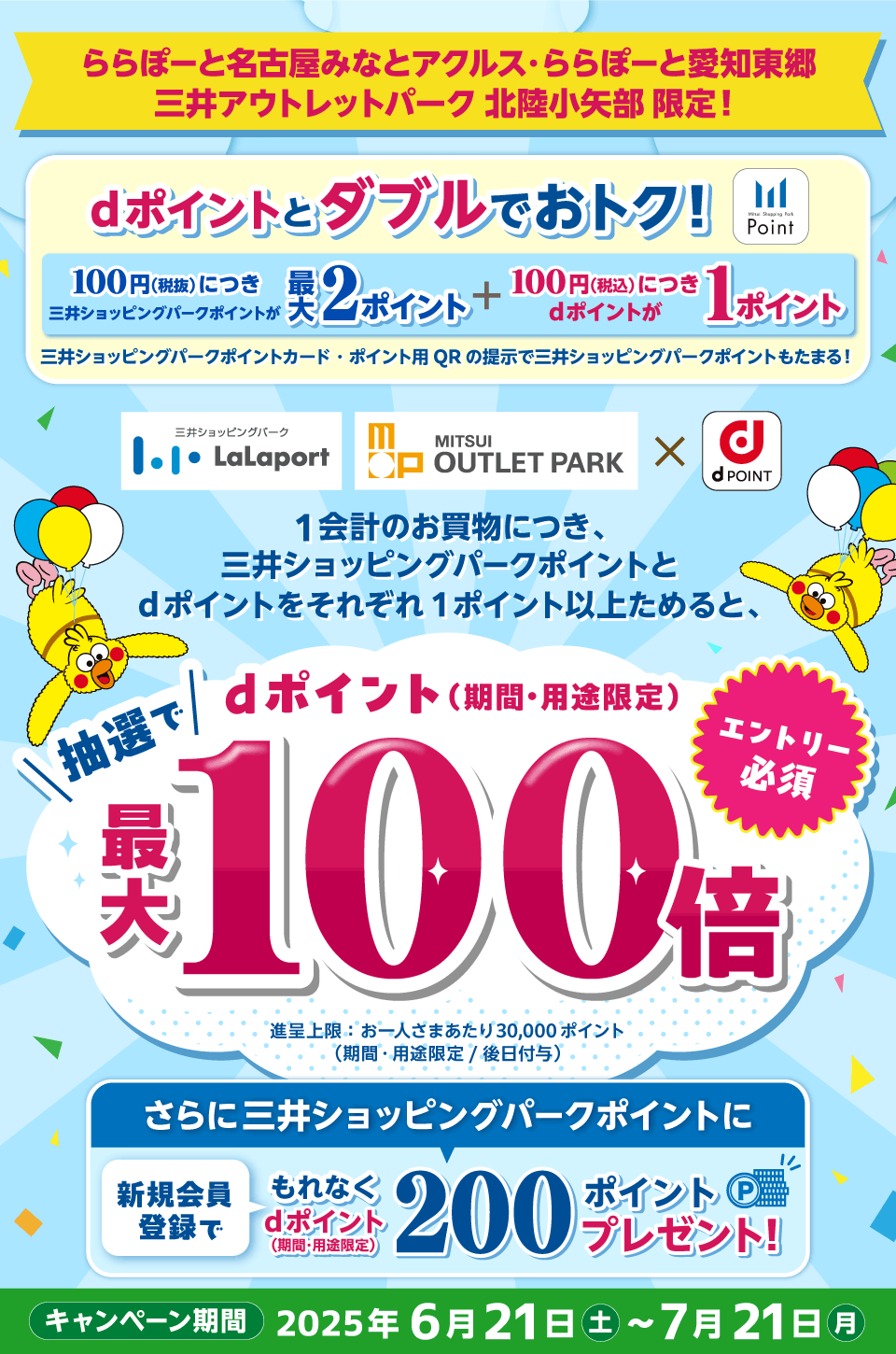 三井ショッピングパークLaLaport MITSUI OUTLET PARK dPOINT ららぽーと名古屋みなとアクルス・ららぽーと愛知東郷 三井アウトレットパーク 北陸小矢部 限定！ dポイントとダブルでおトク！ Mitsui Shopping Park Point 100円（税抜）につき三井ショッピングパークポイントが最大2ポイント＋100円（税込）につきdポイントが1ポイント 三井ショッピングパークポイントカード・ポイント用QRの提示で三井ショッピングパークポイントもたまる！ 1会計のお買物につき、三井ショッピングパークポイントとdポイントをそれぞれ1ポイント以上ためると、dポイント（期間・用途限定）抽選で最大100倍 エントリー必須 進呈上限：お一人さまあたり30,000ポイント（期間・用途限定／後日付与） さらに三井ショッピングパークポイントに新規会員登録でもれなくdポイント（期間・用途限定）200ポイントプレゼント！ キャンペーン期間 2025年6月21日（土）～7月21日（月）