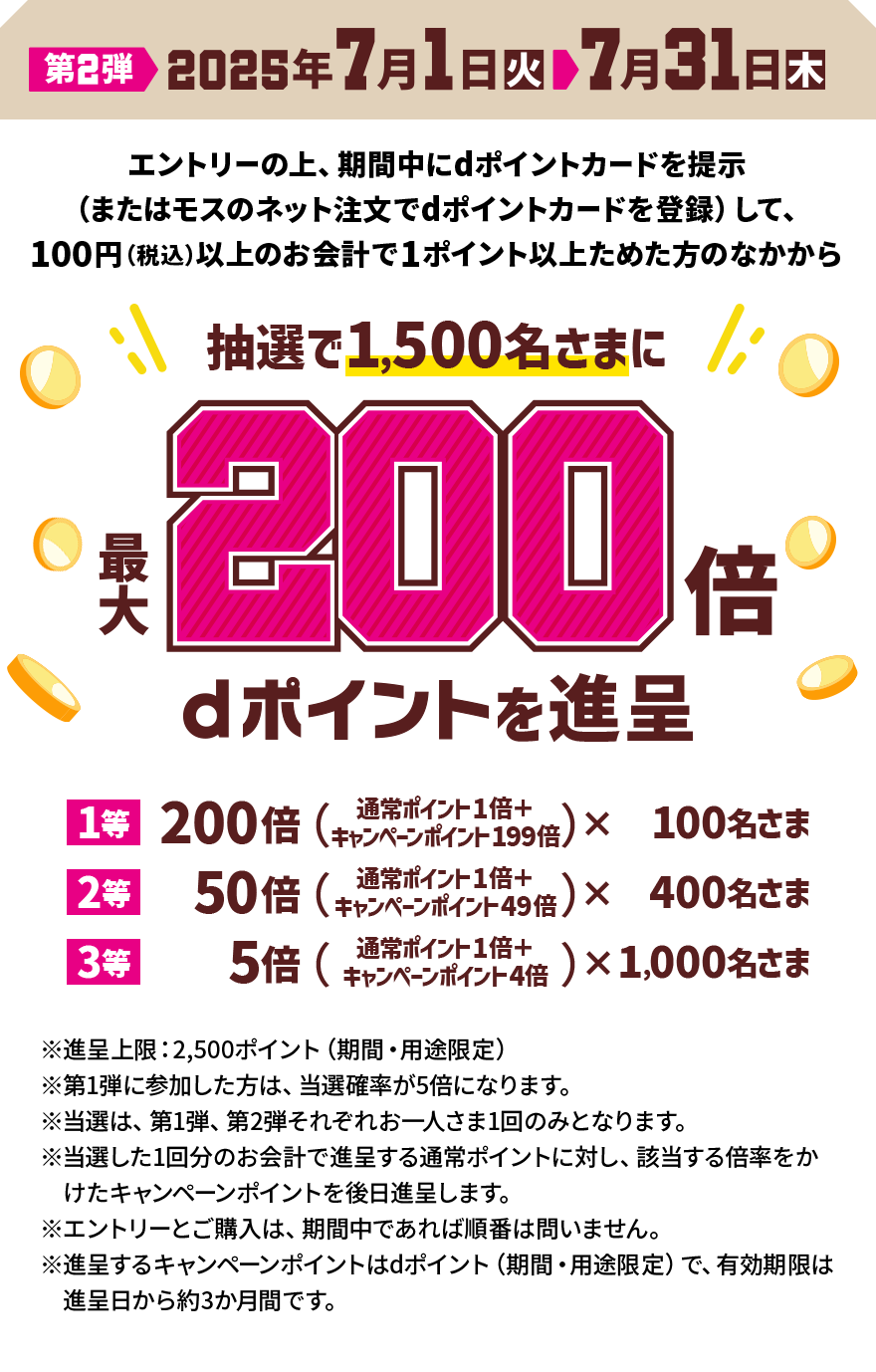 第2弾 2025年7月1日（火）＞7月31日（木） エントリーの上、期間中にdポイントカードを提示（またはモスのネット注文でdポイントカードを登録）して、100円（税込）以上のお会計で1ポイント以上ためた方のなかから抽選で1,500名さまに最大200倍 dポイントを進呈 1等 200倍（通常ポイント1倍＋キャンペーンポイント199倍）×100名さま 2等 50倍（通常ポイント1倍＋キャンペーンポイント49倍）×400名さま 3等 5倍（通常ポイント1倍＋キャンペーンポイント4倍）×1,000名さま ※進呈上限：2,500ポイント（期間・用途限定）※第1弾に参加した方は、 当選確率が5倍になります。 ※当選は、第1弾、第2弾それぞれお一人さま1回のみとなります。 ※当選した1回分のお会計で進呈する通常ポイントに対し、該当する倍率をかけたキャンペーンポイントを後日進呈します。 ※エントリーとご購入は、期間中であれば順番は問いません。 ※進呈するキャンペーンポイントはdポイント（期間・用途限定）で、有効期限は進呈日から約3か月間です。