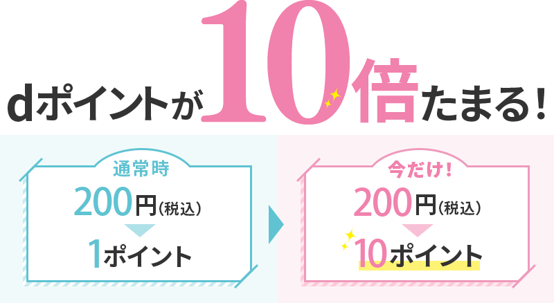 dポイントが10倍たまる！通常時 200円（税込）＞1ポイント 今だけ！ 200円（税込）＞10ポイント