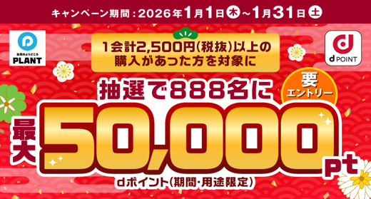 生活のよりどころPLANT dPOINT 1会計2,500円（税抜）以上の購入があった方を対象に抽選で888名に最大50,000pt dポイント（期間・用途限定） 要エントリー キャンペーン期間：2026年1月1日 木 ～ 1月31日 土