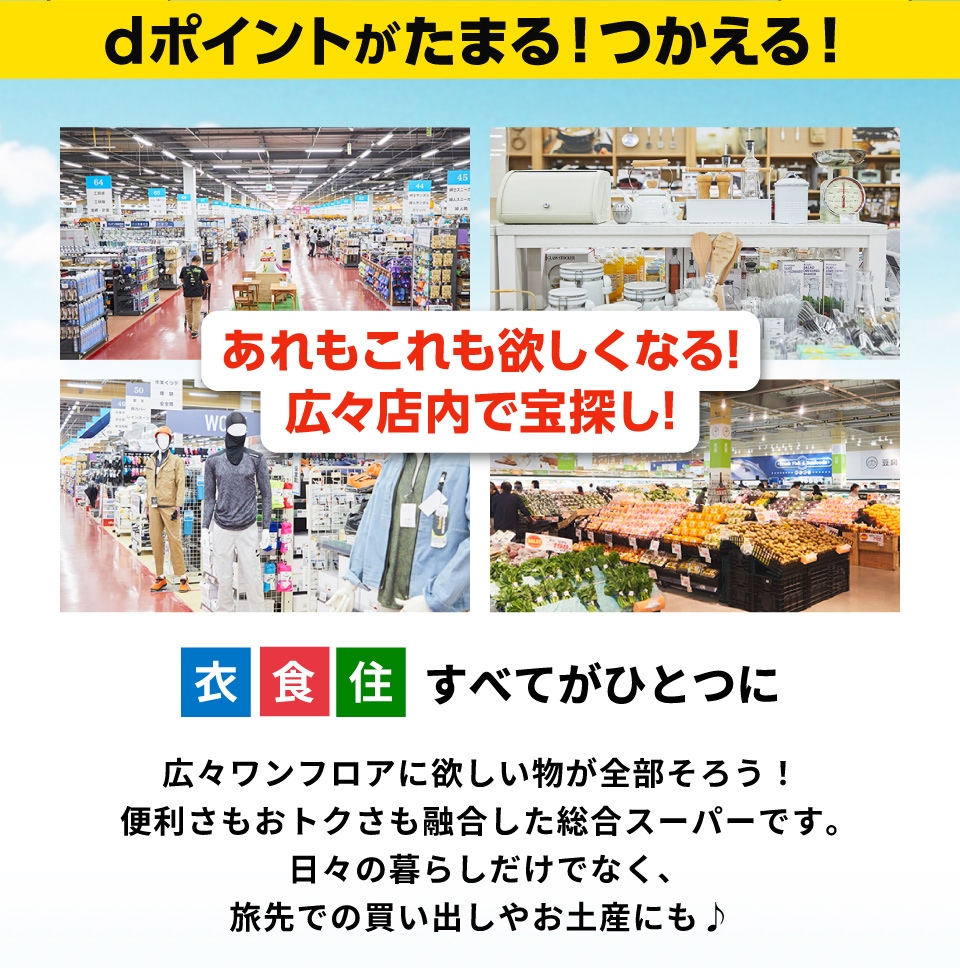 dポイントがたまる！つかえる！ あれもこれも欲しくなる！広々店内で宝探し！ 衣食住すべてがひとつに 広々ワンフロアに欲しい物が全部そろう！便利さもおトクさも融合した総合スーパーです。日々の暮らしだけでなく、旅先での買い出しやお土産にも♪