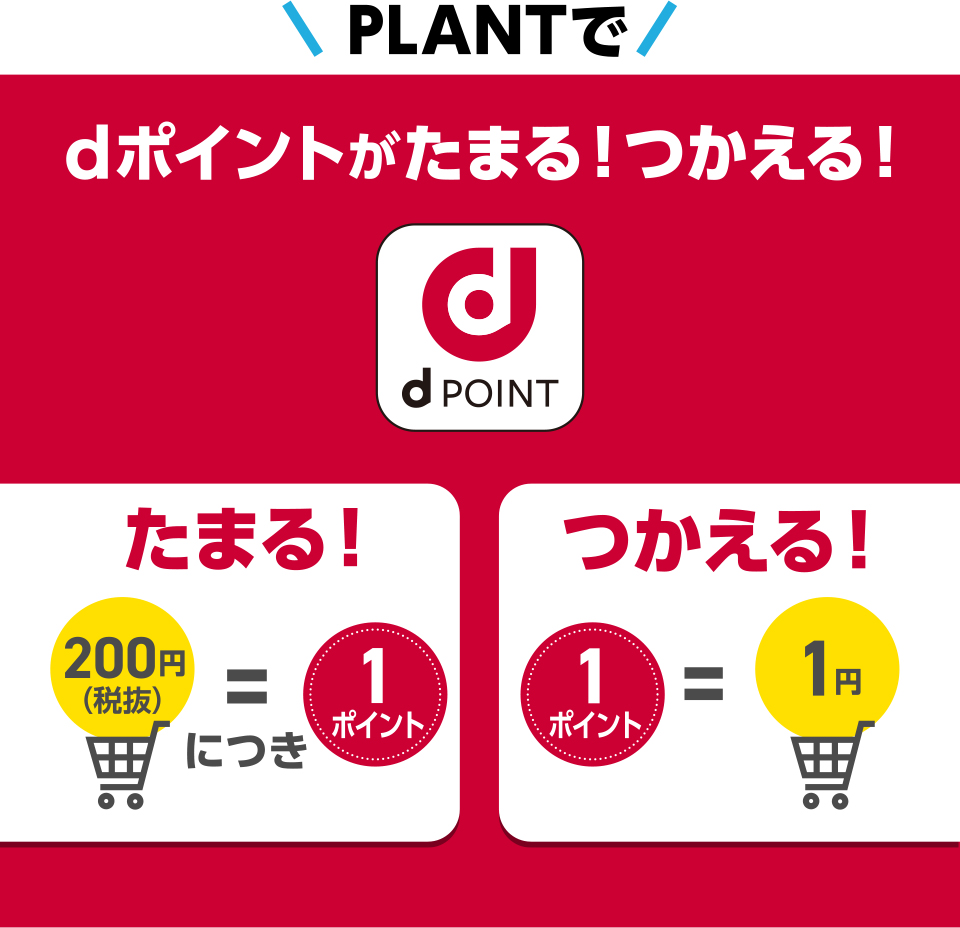 PLANTでdポイントがたまる！つかえる！ dポイント 200円（税抜）につき1ポイントたまる！ 1ポイント＝1円つかえる！