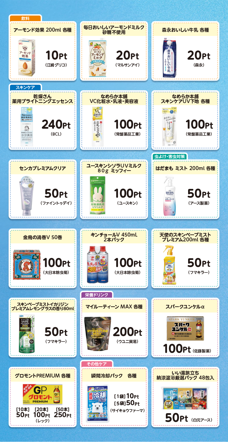 飲料 アーモンド効果 200ml 各種 10Pt （江崎グリコ）など スキンケア 乾燥さん 薬用ブライトニングエッセンス 240Pt （BCL）など 虫よけ・害虫対策 はだまも ミスト 200ml 各種 50Pt （アース製薬）など 栄養ドリンク マイルーティーン MAX 各種 200Pt （ウユニ貿易） その他ケア 瞬間冷却パック 各種 ［1袋］10Pt ［5袋］50Pt （サイキョウファーマ）など