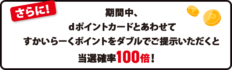 さらに！ 期間中、dポイントカードとあわせてすかいらーくポイントをダブルでご提示いただくと 当選確率100倍！