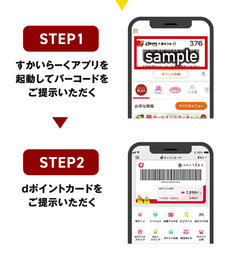 STEP1すかいらーくアプリを起動してバーコードをご提示いただく STEP2dポイントカードをご提示いただく