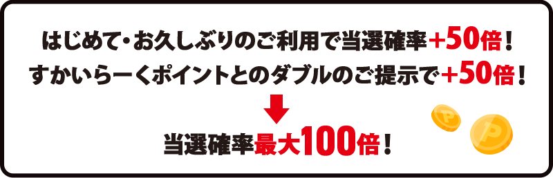 はじめて・お久しぶりのご利用で当選確率＋50倍！ すかいらーくポイントとのダブルのご提示で ＋50倍！ → 当選確率最大100倍！