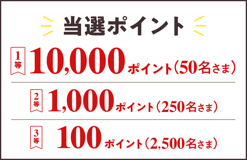 当選ポイント 1等 10,000ポイント （50名さま） 2等 1,000ポイント （250名さま） 3等 100ポイント （2,500名さま）