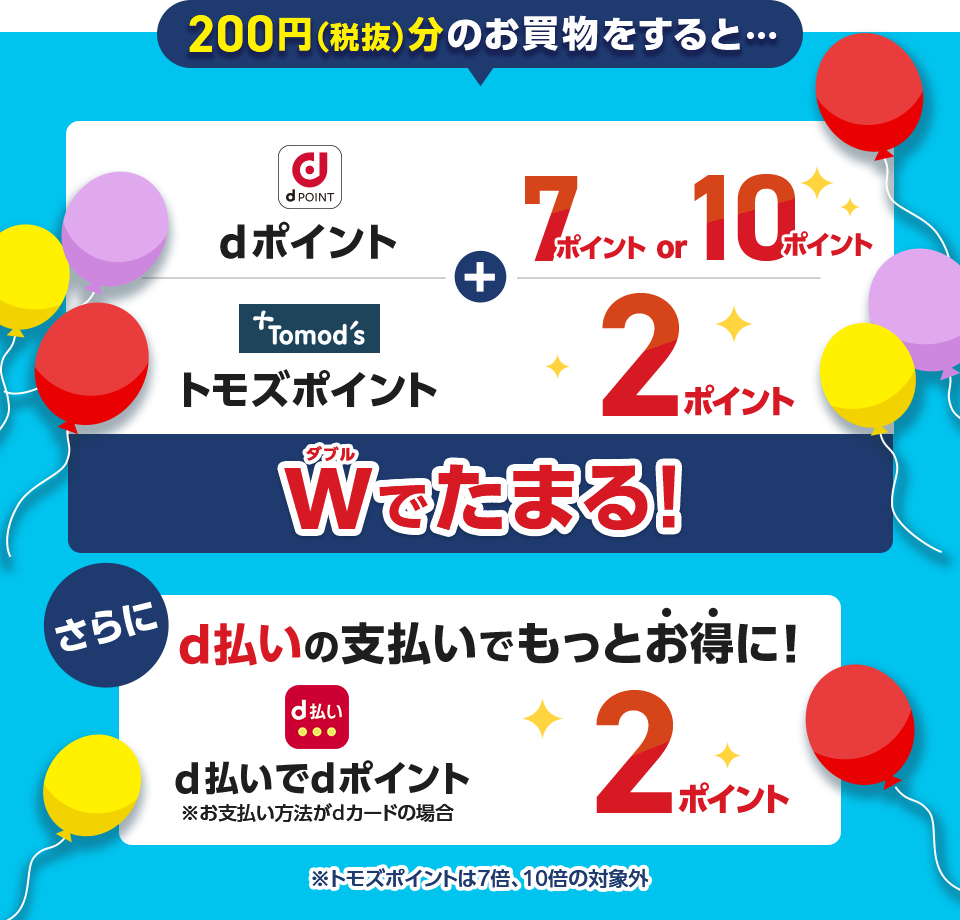 200円(税抜)分のお買物をすると・・・ dポイント+7ポイント or 10ポイント トモズポイント+2ポイント Wでたまる! さらにd払いの支払いでもっとお得に! d払いでdポイント※お支払い方法がdカードの場合 2ポイント ※トモズポイントは7倍、10倍の対象外