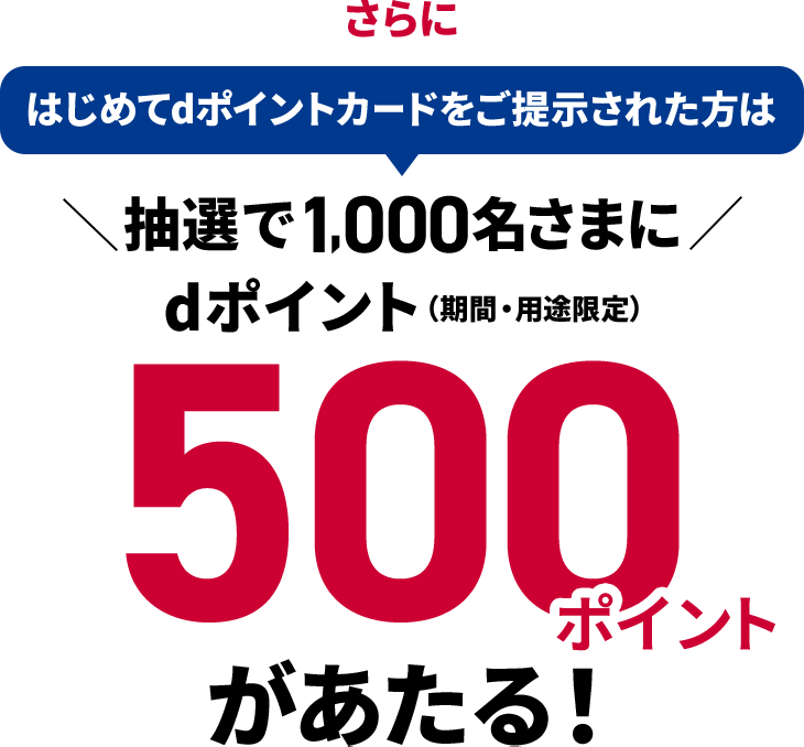 さらに はじめてdポイントカードをご提示された方は抽選で1,000名さまにdポイント(期間・用途限定)500ポイントがあたる!