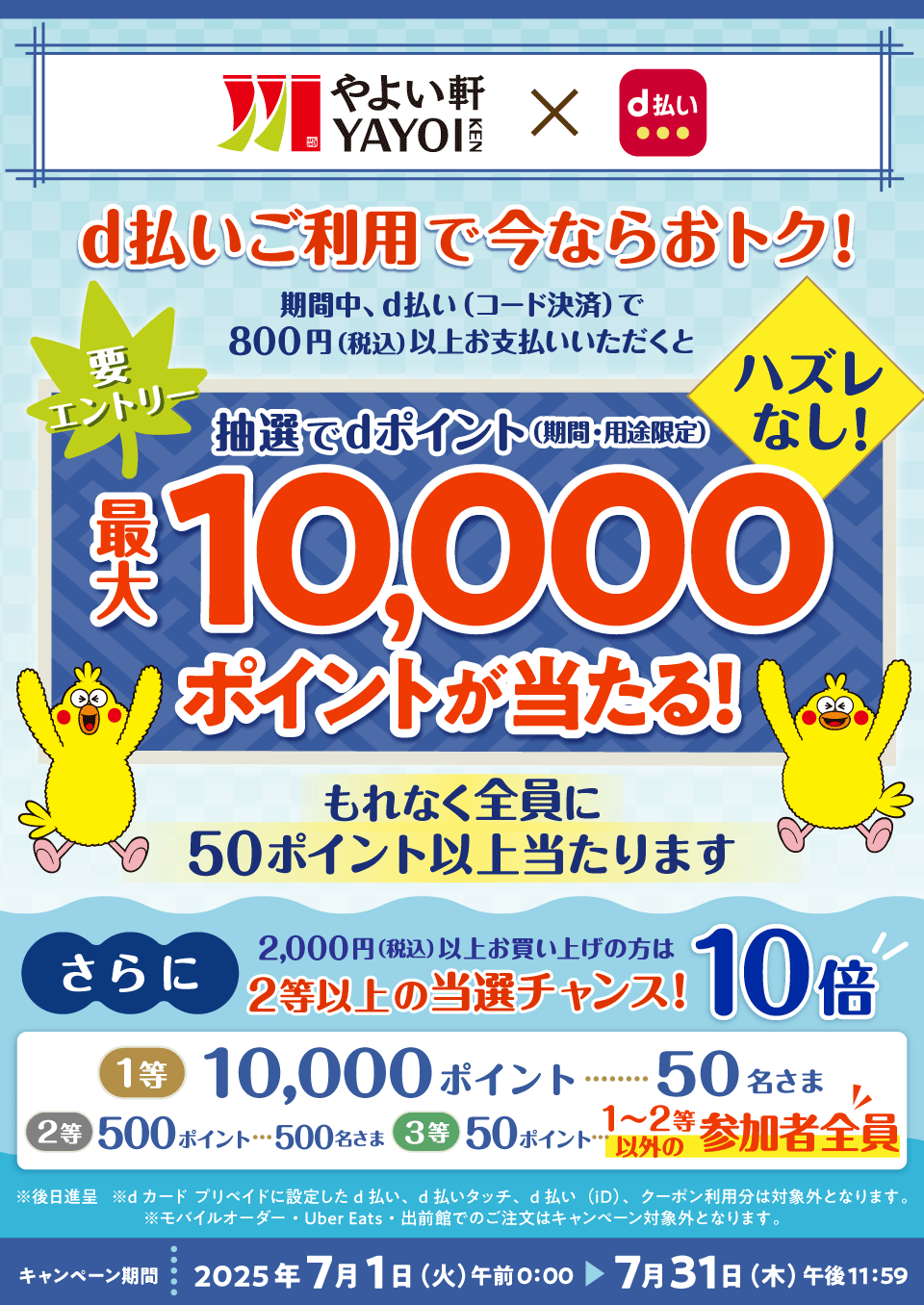 やよい軒×d払い d払いご利用で今ならおトク！ 期間中、d払い（コード決済）で800円（税込）以上お支払いいただくと抽選でdポイント（期間・用途限定）最大10,000ポイントが当たる！ もれなく全員に50ポイント以上当たります さらに2,000円（税込）以上お買い上げの方は2等以上の当選チャンス！10倍 ハズレなし！要エントリー 1等10,000ポイント・・・50名さま 2等500ポイント・・・500名さま 3等50ポイント・・・1～2等以外の参加者全員 ※後日進呈 ※dカード プリペイドに設定したd払い、d払いタッチ、d払い（iD）、クーポン利用分は対象外となります。※モバイルオーダー・Uber Eats・出前館でのご注文はキャンペーン対象外となります。 キャンペーン期間 2025年7月1日（火）午前0：00 ＞ 7月31日（木）午後11：59