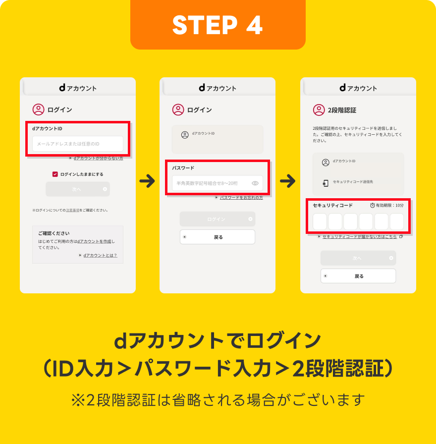 【STEP4】dアカウントでログイン（ID入力＞パスワード入力＞2段階認証）※2段階認証は省略される場合がございます。