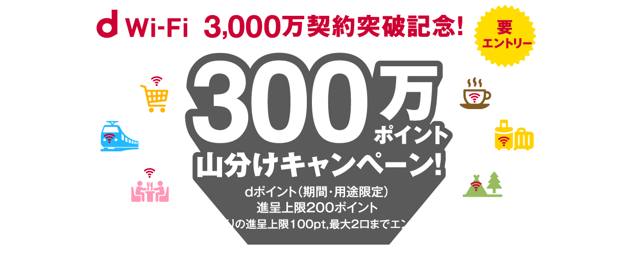 d Wi-Fi 3,000万契約突破記念！ 300万ポイント山分けキャンペーン！dポイント（期間・用途限定）進呈上限200ポイント※1口あたりの進呈上限100pt,最大2口までエントリー可能